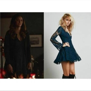 Free People Reign Over Me Dark Blue Damask Brocade Lace Mesh Long Sleeve Dress